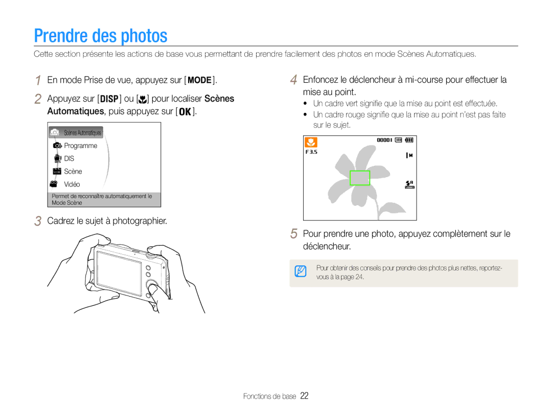 Samsung EC-ST67ZZBPUE1, EC-ST65ZZDPBZA manual Prendre des photos, Ou pour localiser Scènes, Automatiques, puis appuyez sur 