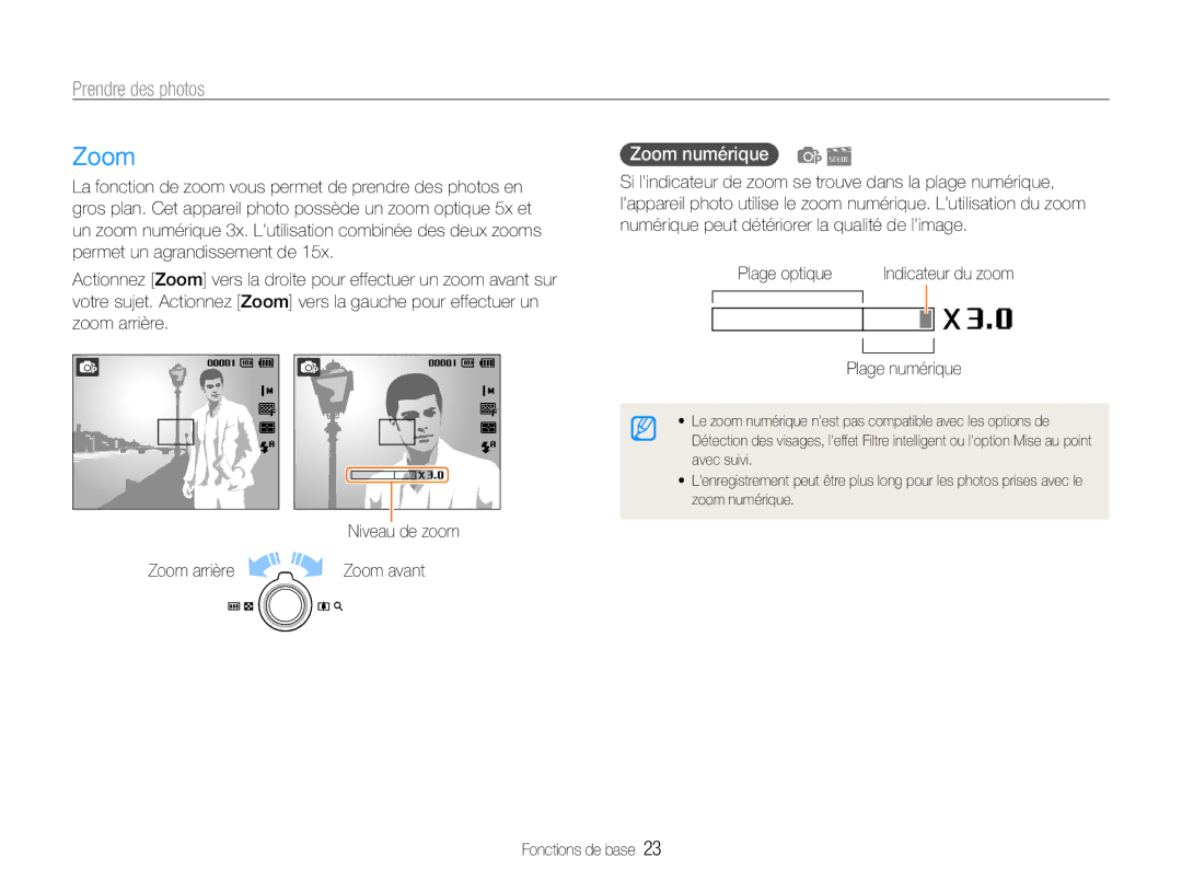 Samsung EC-ST65ZZBPSE1, EC-ST65ZZDPBZA, EC-ST67ZZBPUE1 manual Prendre des photos, Zoom numérique, Plage numérique 