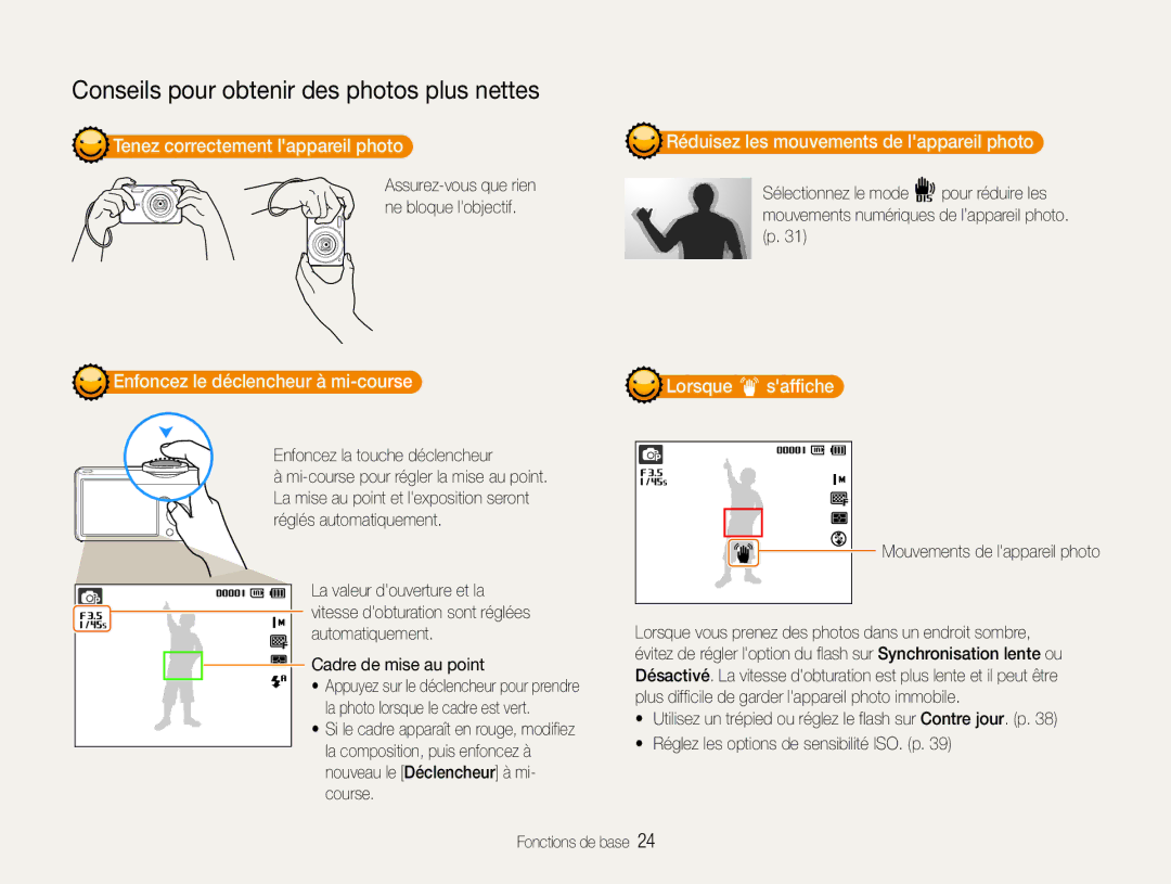Samsung EC-ST67ZZBPRE1 manual Tenez correctement lappareil photo, Enfoncez le déclencheur à mi-course, Lorsque saffiche 