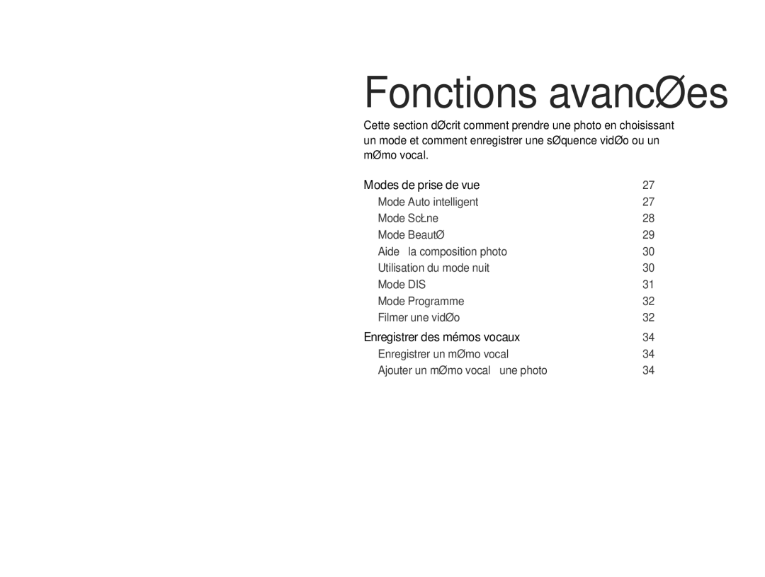 Samsung EC-ST65ZZBPUE1, EC-ST65ZZDPBZA manual Modes de prise de vue ……………………………………, Enregistrer des mémos vocaux …………………………… 