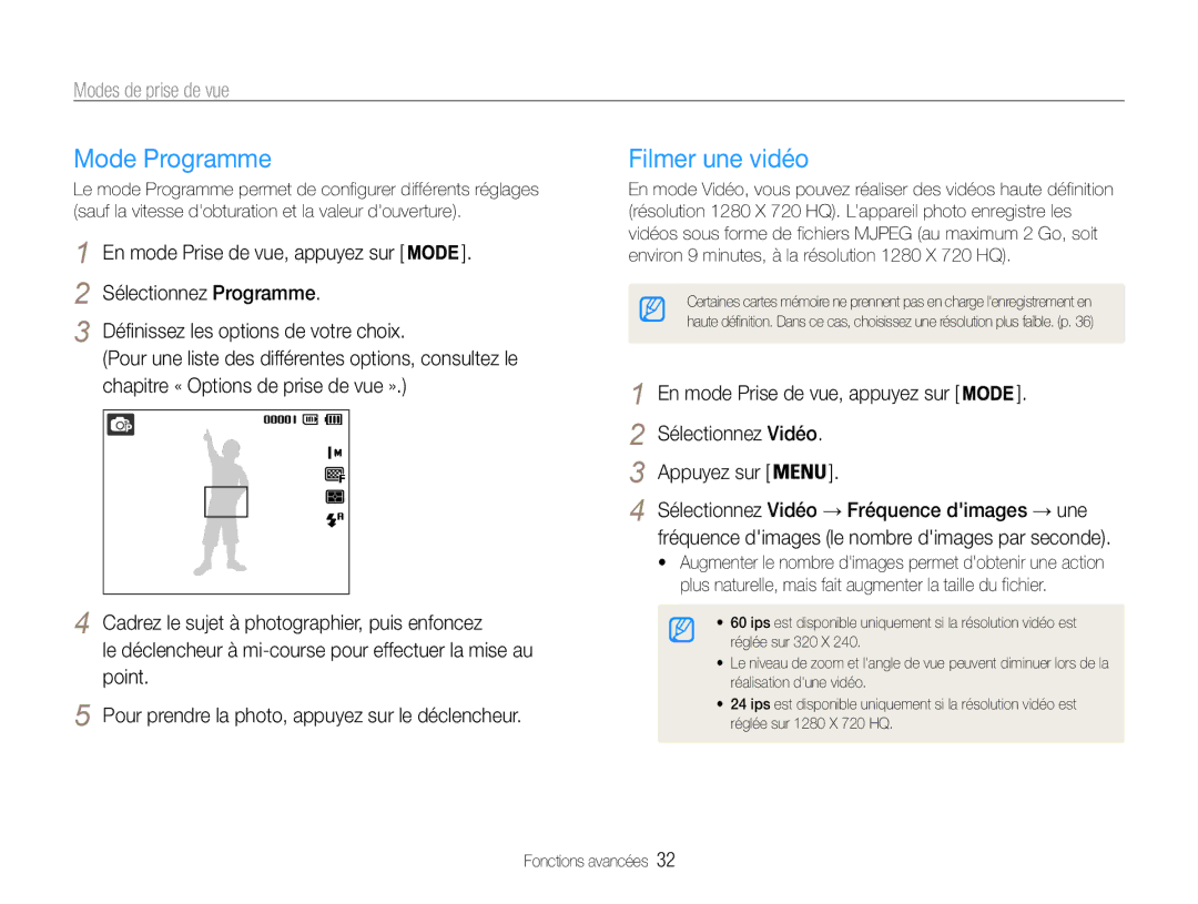 Samsung EC-ST65ZZDPBZA, EC-ST67ZZBPUE1, EC-ST65ZZBPSE1 Mode Programme, Filmer une vidéo, En mode Prise de vue, appuyez sur 