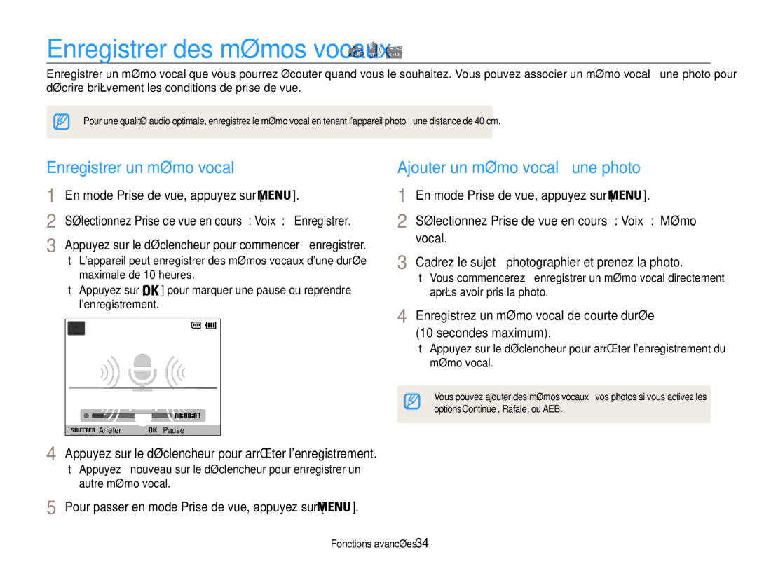 Samsung EC-ST65ZZBPSE1 manual Enregistrer des mémos vocaux, Enregistrer un mémo vocal, Ajouter un mémo vocal à une photo 