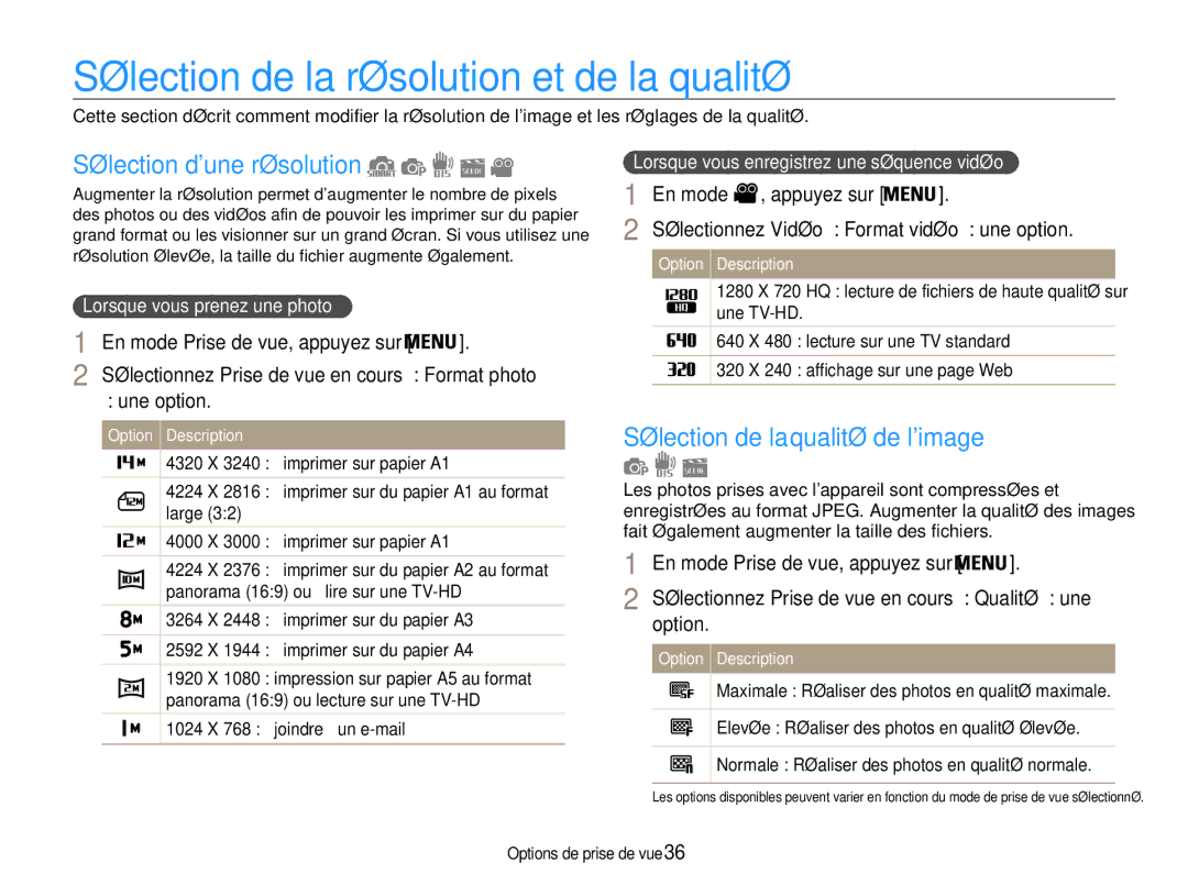 Samsung EC-ST65ZZDPSZA, EC-ST65ZZDPBZA manual Sélection de la résolution et de la qualité, Sélection dune résolution 