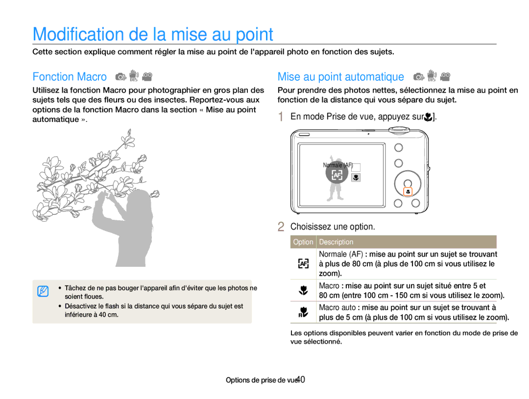 Samsung EC-ST67ZZBPBE1, EC-ST65ZZDPBZA manual Modification de la mise au point, Fonction Macro, Mise au point automatique 