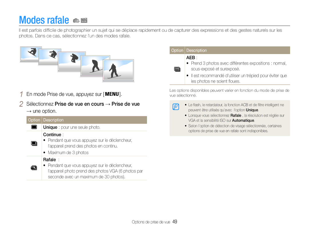 Samsung EC-ST65ZZBPEE1, EC-ST65ZZDPBZA, EC-ST67ZZBPUE1, EC-ST65ZZBPSE1, EC-ST67ZZBPRE1 manual Modes rafale, → une option 