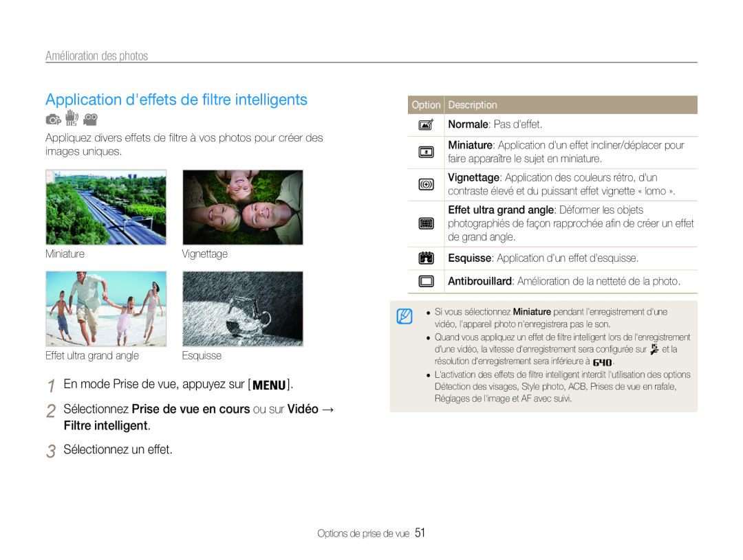 Samsung EC-ST67ZZBPBE1 manual Application deffets de filtre intelligents, Amélioration des photos, Filtre intelligent 