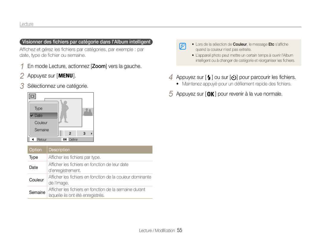 Samsung EC-ST67ZZBPUE1 manual Lecture, Appuyez sur Sélectionnez une catégorie, De limage, Laquelle ils ont été enregistrés 