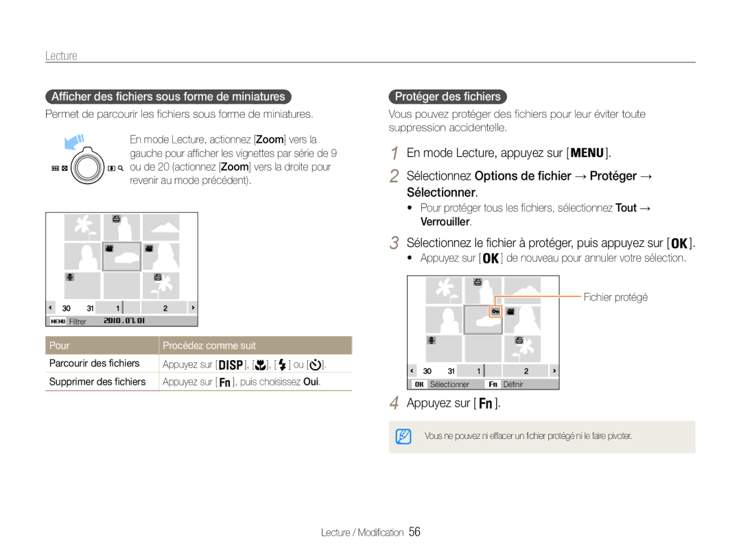 Samsung EC-ST65ZZBPSE1, EC-ST65ZZDPBZA Sélectionner, Afficher des fichiers sous forme de miniatures, Protéger des fichiers 