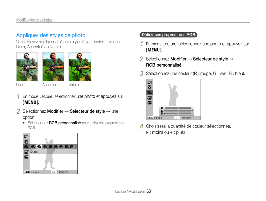 Samsung EC-ST65ZZDPRZA, EC-ST65ZZDPBZA manual Appliquer des styles de photo, Modification des photos, RGB personnalisé 