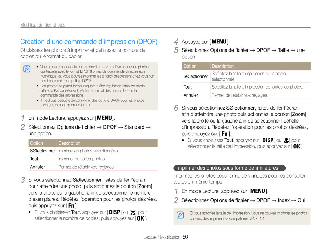 Samsung EC-ST67ZZBPUE1 manual Création dune commande dimpression Dpof, Option, Imprimer des photos sous forme de miniatures 