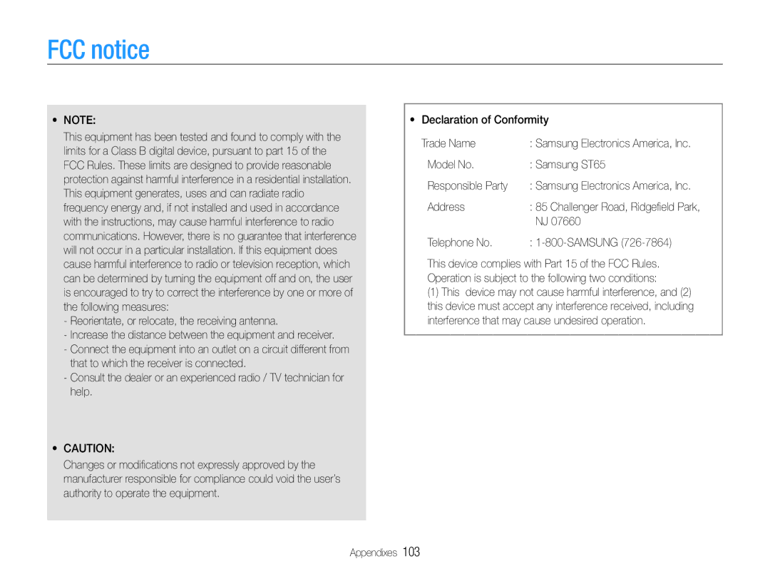 Samsung EC-ST65ZZBPEE2, EC-ST65ZZDPBZA FCC notice, Model No Samsung ST65 Responsible Party, Address, Telephone No Samsung 