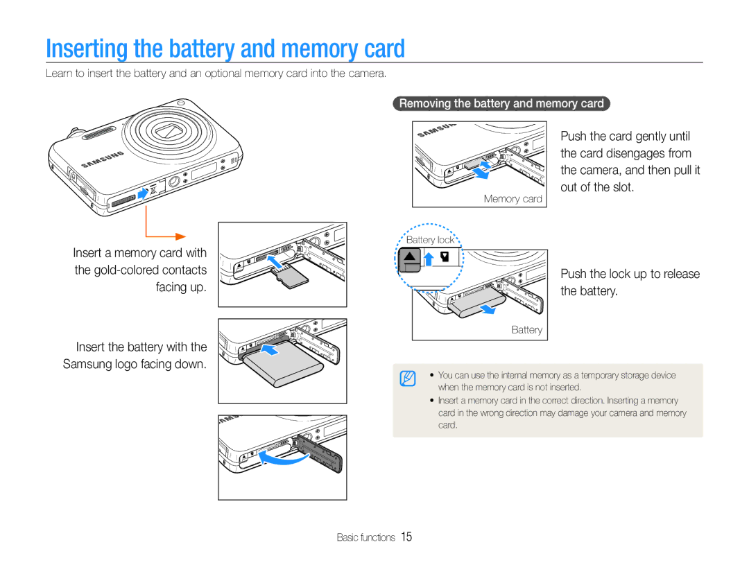 Samsung EC-ST65ZZBPSSA, EC-ST65ZZDPBZA manual Inserting the battery and memory card, Push the lock up to release the battery 