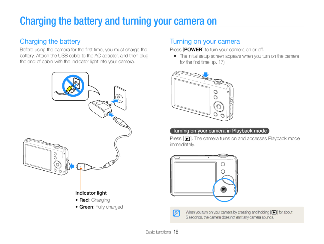 Samsung EC-ST67ZZDPEIR, EC-ST65ZZDPBZA manual Charging the battery and turning your camera on, Turning on your camera 