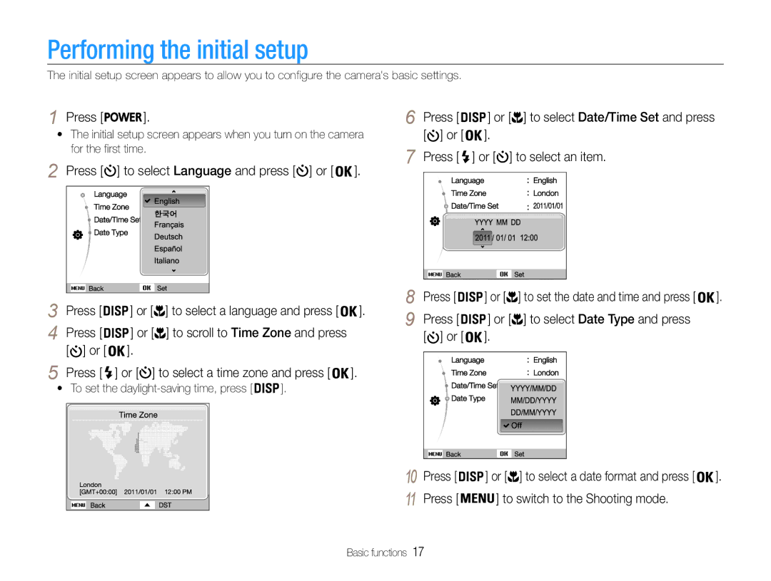 Samsung EC-ST67ZZDPRIR, EC-ST65ZZDPBZA manual Performing the initial setup, Press to select Language and press or 