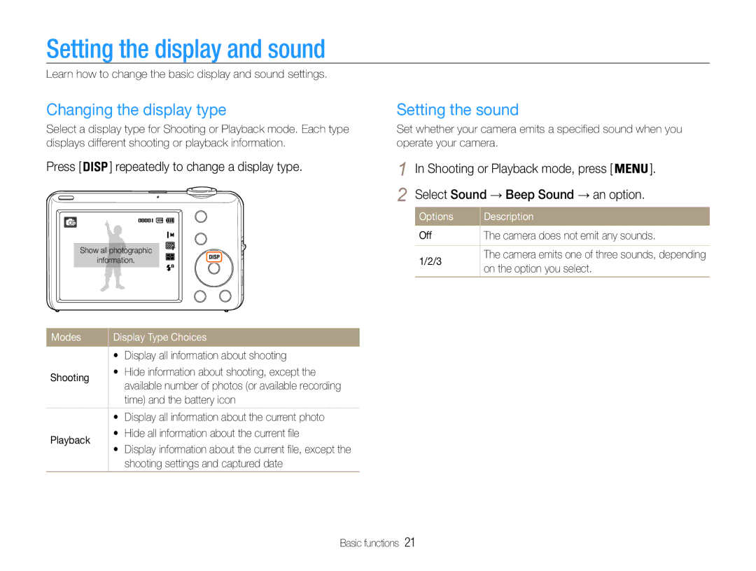 Samsung EC-ST67ZZDPSIR, EC-ST65ZZDPBZA manual Setting the display and sound, Changing the display type, Setting the sound 