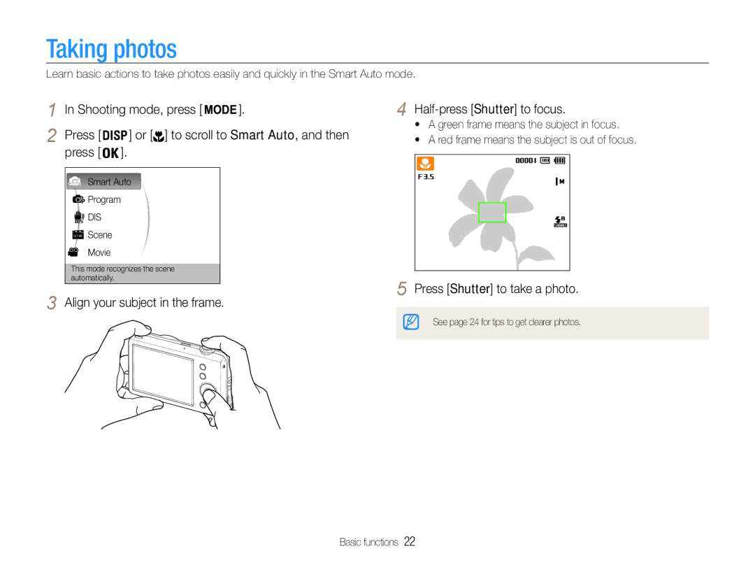 Samsung EC-ST65ZZBPRAE, EC-ST65ZZDPBZA manual Taking photos, Align your subject in the frame Half-press Shutter to focus 