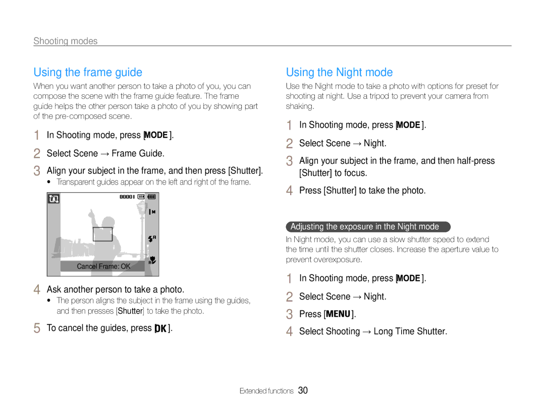 Samsung EC-ST65ZZBPSIL, EC-ST65ZZDPBZA, EC-ST67ZZBPUE1, EC-ST65ZZBPSE1 manual Using the frame guide, Using the Night mode 