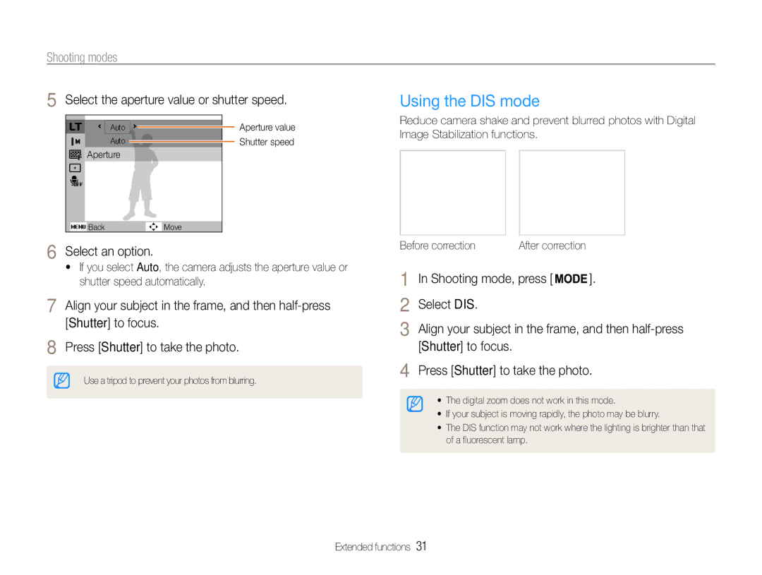 Samsung EC-ST65ZZBPSKE Using the DIS mode, Select the aperture value or shutter speed, Select an option, Shutter to focus 