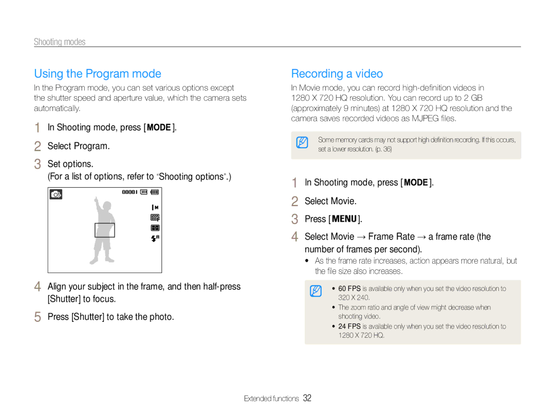 Samsung EC-ST65ZZBPUKE manual Using the Program mode, Recording a video, Shooting mode, press Select Program Set options 