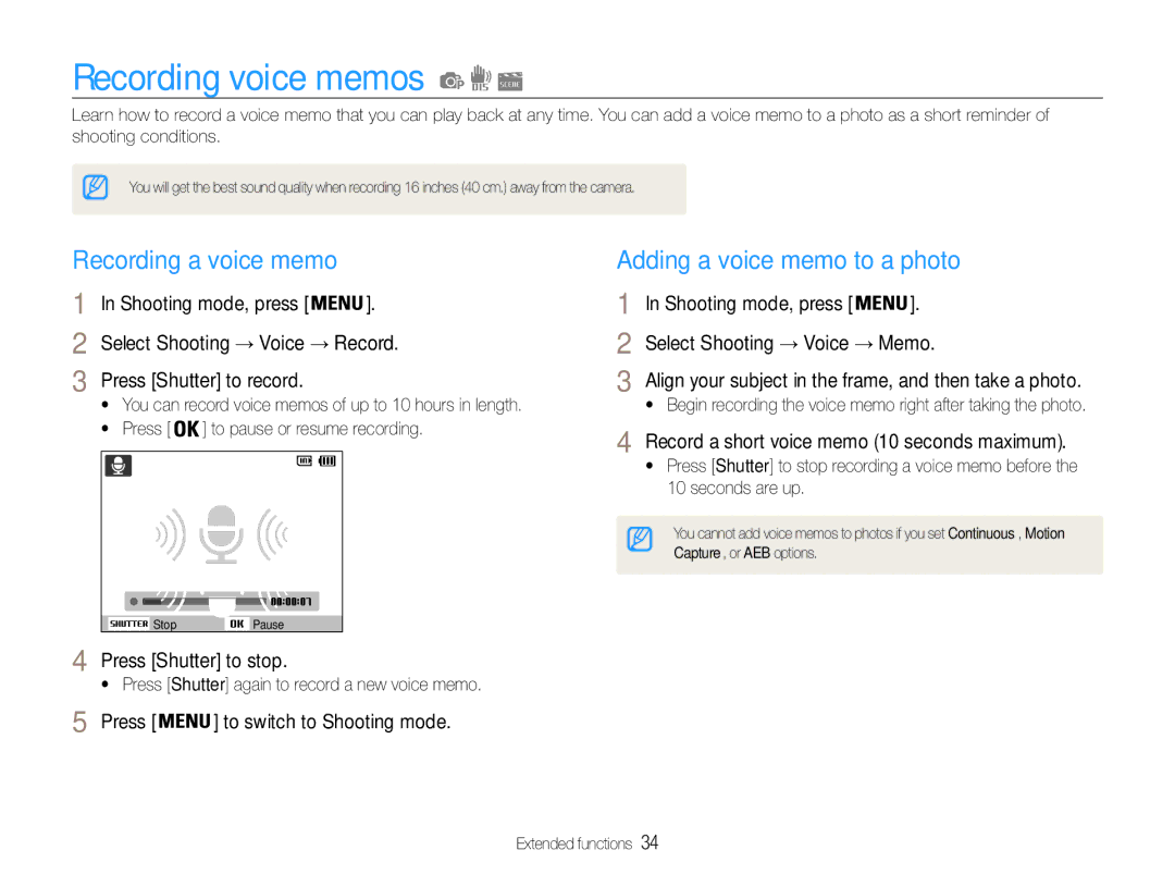 Samsung EC-ST65ZZBPBIL, EC-ST65ZZDPBZA manual Recording voice memos, Recording a voice memo, Adding a voice memo to a photo 