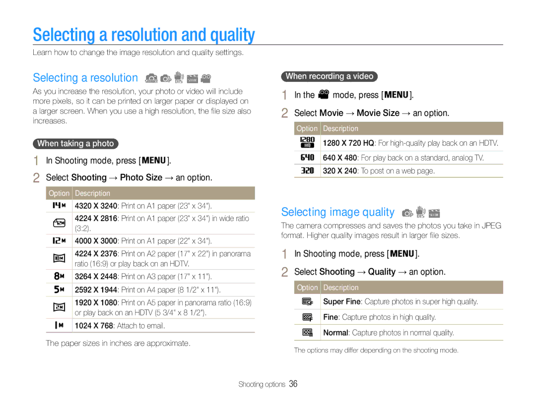 Samsung EC-ST67ZZDPUIR Selecting a resolution and quality, Selecting image quality, Mode, press, When recording a video 