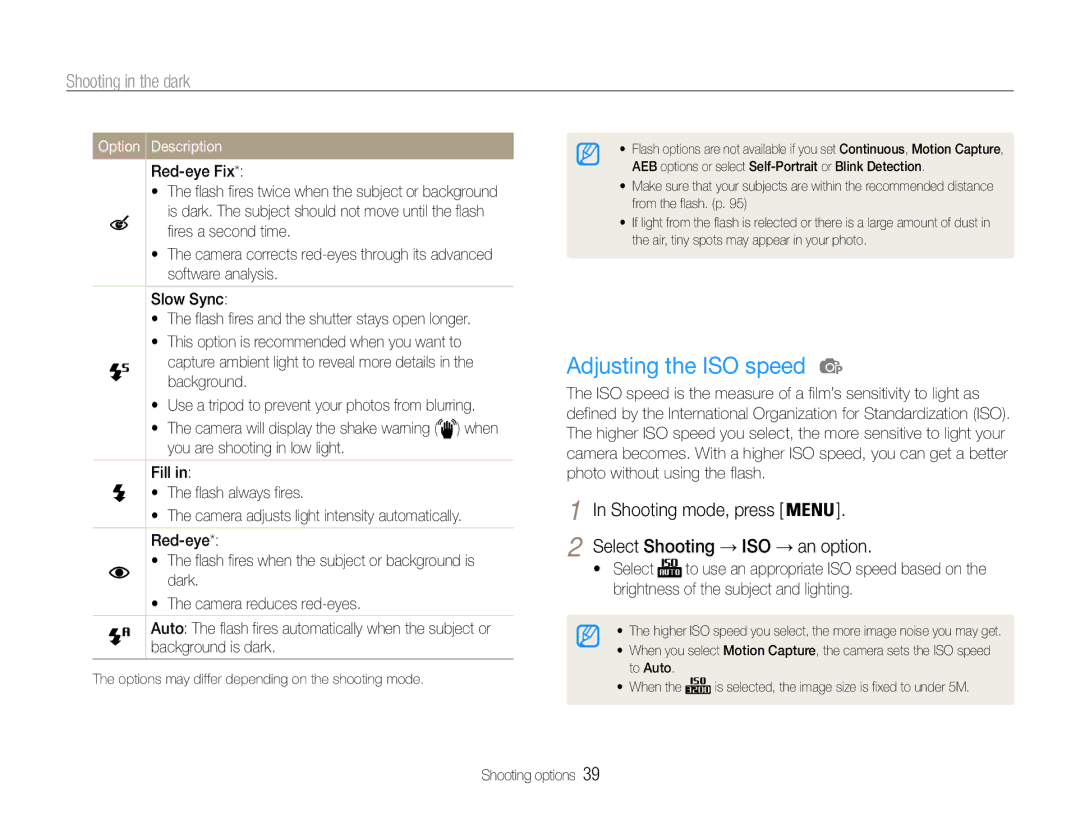 Samsung EC-ST65ZZBDUVN manual Adjusting the ISO speed, Shooting in the dark, Red-eye Fix, Select Shooting → ISO → an option 