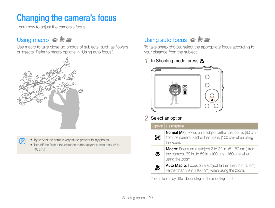 Samsung EC-ST65ZZBDSVN Changing the camera’s focus, Using macro, Using auto focus, Learn how to adjust the cameras focus 