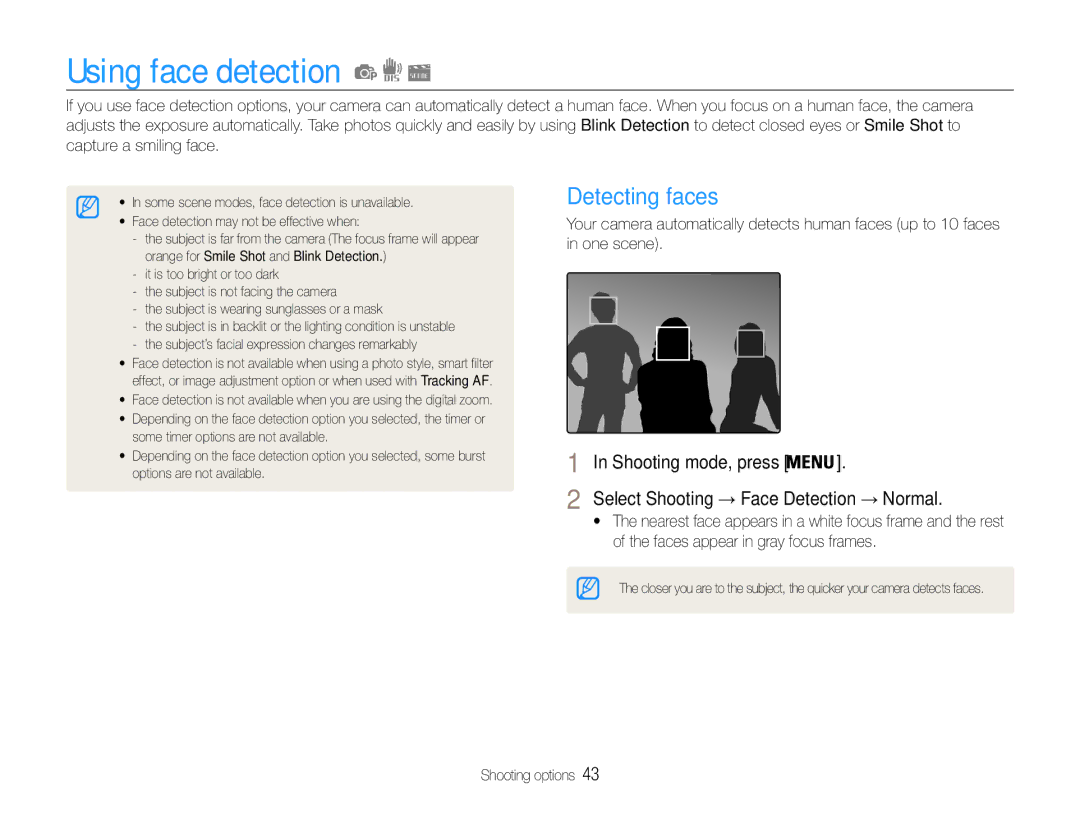 Samsung EC-ST65ZZBPBE3, EC-ST65ZZDPBZA Using face detection, Detecting faces, Select Shooting → Face Detection → Normal 