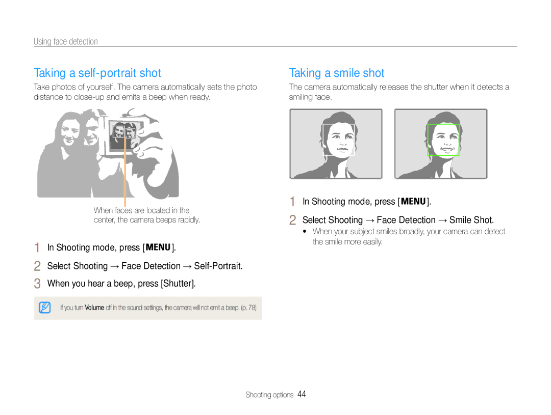 Samsung EC-ST65ZZBPUE3, EC-ST65ZZDPBZA manual Taking a self-portrait shot, Taking a smile shot, Using face detection 