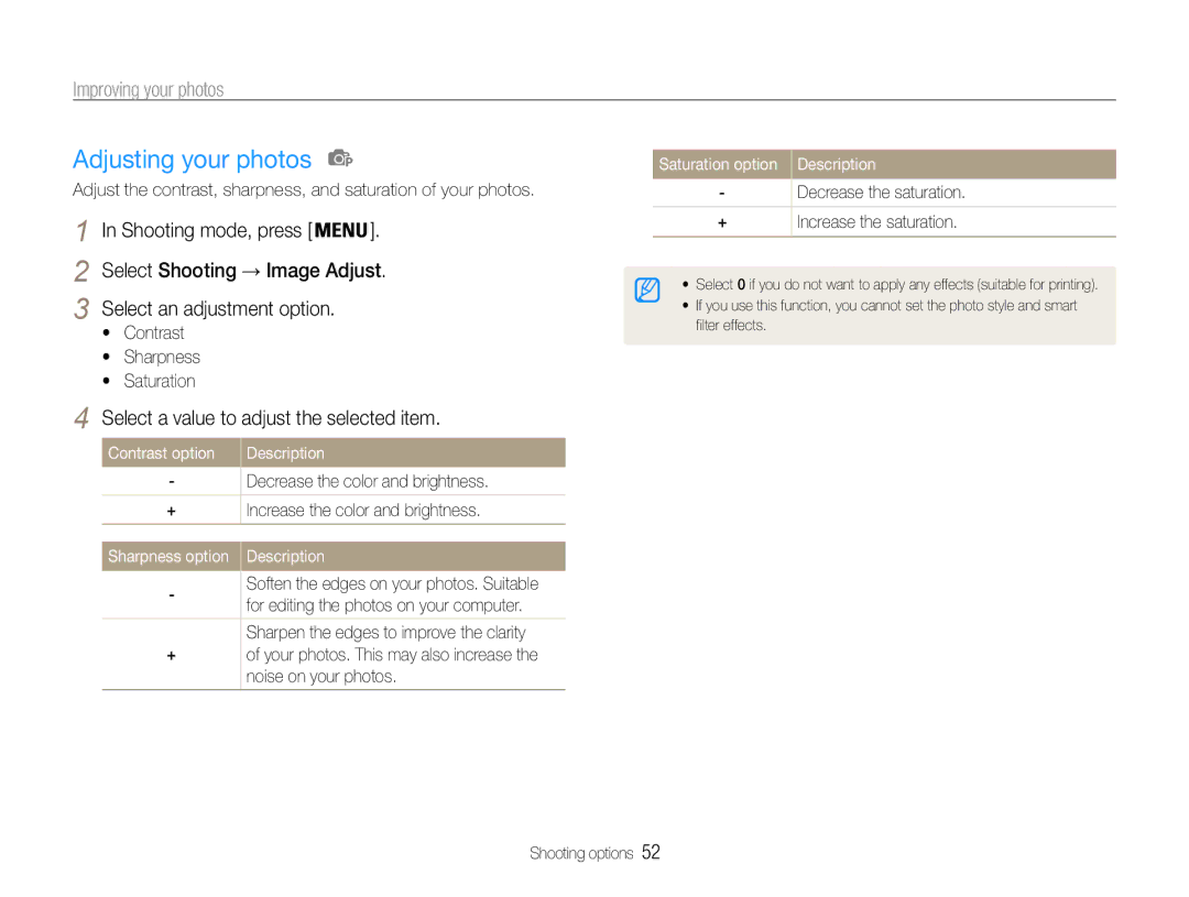 Samsung EC-ST65ZZBPSRU Adjusting your photos, Select a value to adjust the selected item, Contrast Sharpness Saturation 