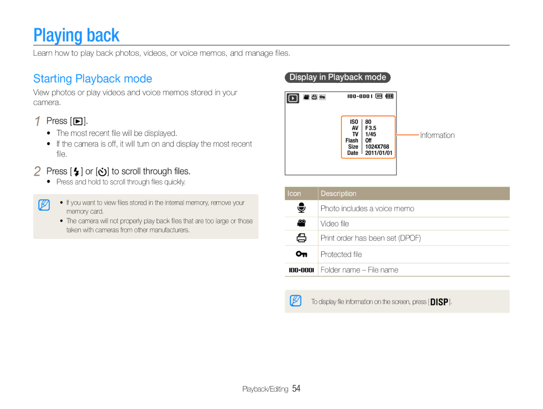 Samsung EC-ST67ZZBPUE1 Playing back, Starting Playback mode, Press or to scroll through files, Display in Playback mode 