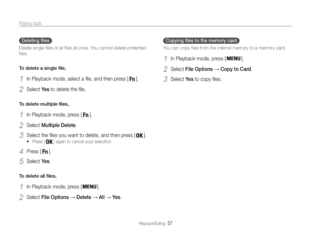 Samsung EC-ST65ZZDPSZA, EC-ST65ZZDPBZA Select Multiple Delete, Press Select Yes, Select File Options → Delete → All → Yes 