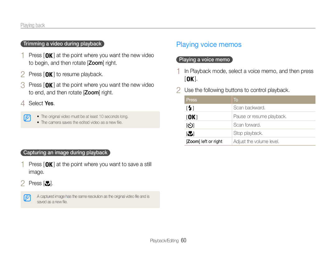 Samsung EC-ST65ZZBPRE1 Playing voice memos, To begin, and then rotate Zoom right, Press To resume playback, Image Press 