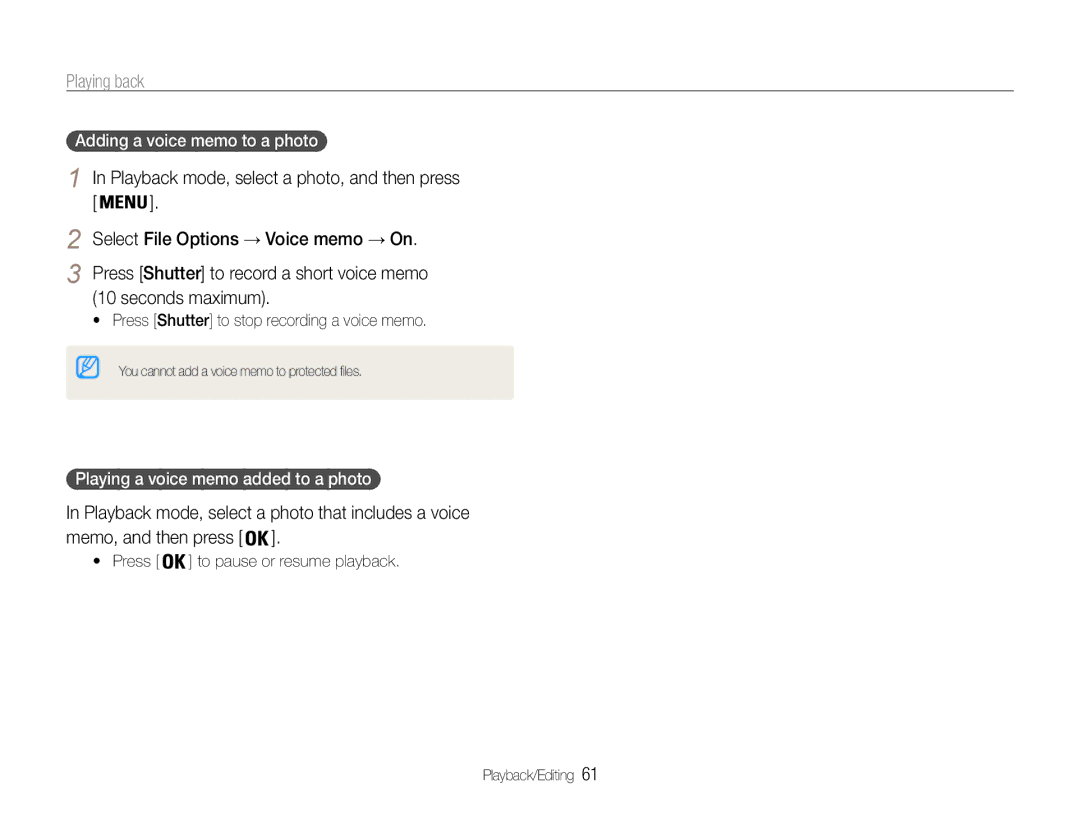 Samsung EC-ST67ZZBPBE1, EC-ST65ZZDPBZA Playback mode, select a photo that includes a voice, Adding a voice memo to a photo 