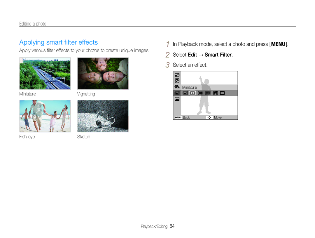 Samsung EC-ST67ZZBPSE1, EC-ST65ZZDPBZA manual Select Edit → Smart Filter Select an effect, Fish-eyeSketch Playback/Editing 