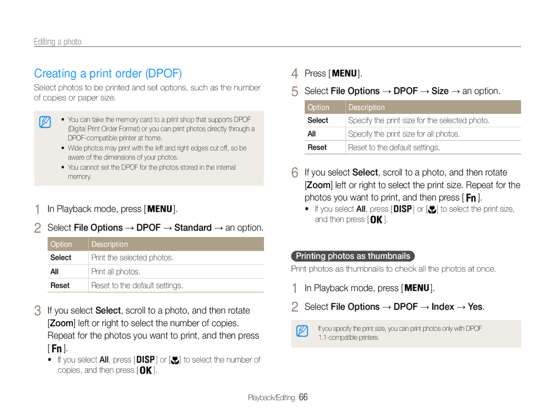 Samsung EC-ST65ZZBPBSA, EC-ST65ZZDPBZA manual Creating a print order Dpof, Print the selected photos, Print all photos 