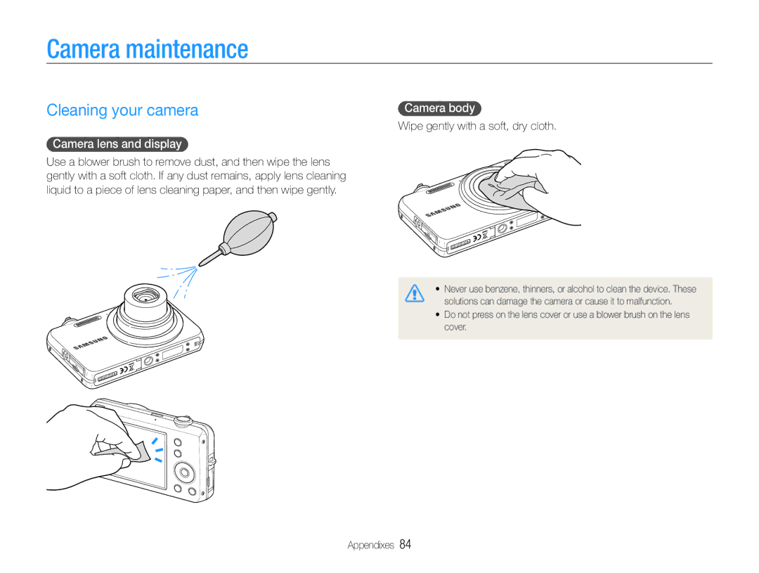 Samsung EC-ST65ZZBPSIL, EC-ST65ZZDPBZA manual Camera maintenance, Cleaning your camera, Camera lens and display, Camera body 