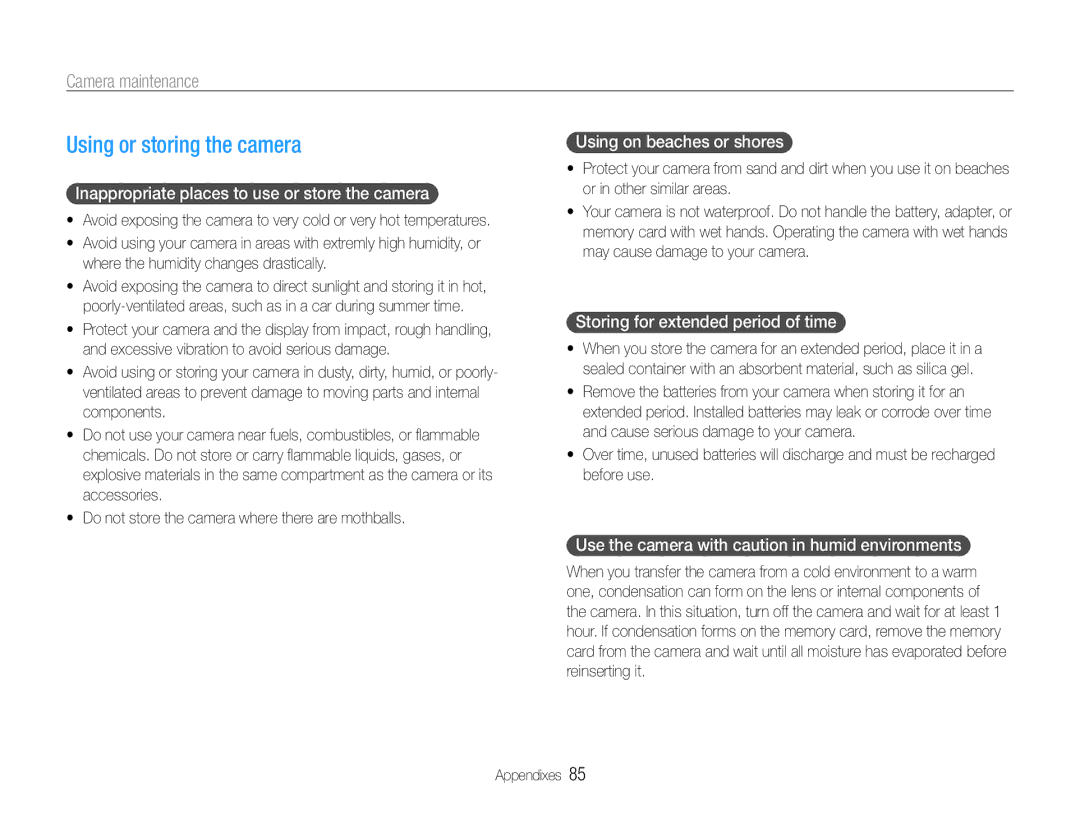 Samsung EC-ST65ZZBPSKE, EC-ST65ZZDPBZA, EC-ST67ZZBPUE1, EC-ST65ZZBPSE1 manual Using or storing the camera, Camera maintenance 