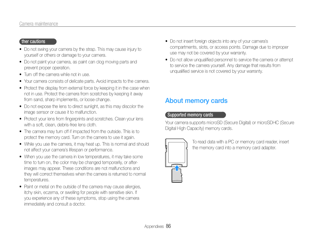 Samsung EC-ST65ZZBPUKE, EC-ST65ZZDPBZA, EC-ST67ZZBPUE1 manual About memory cards, Other cautions, Supported memory cards 