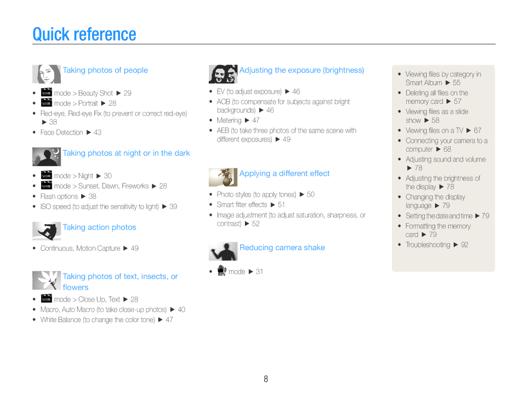 Samsung EC-ST65ZZDPRZA, EC-ST65ZZDPBZA, EC-ST67ZZBPUE1, EC-ST65ZZBPSE1 manual Quick reference, Taking photos of people 
