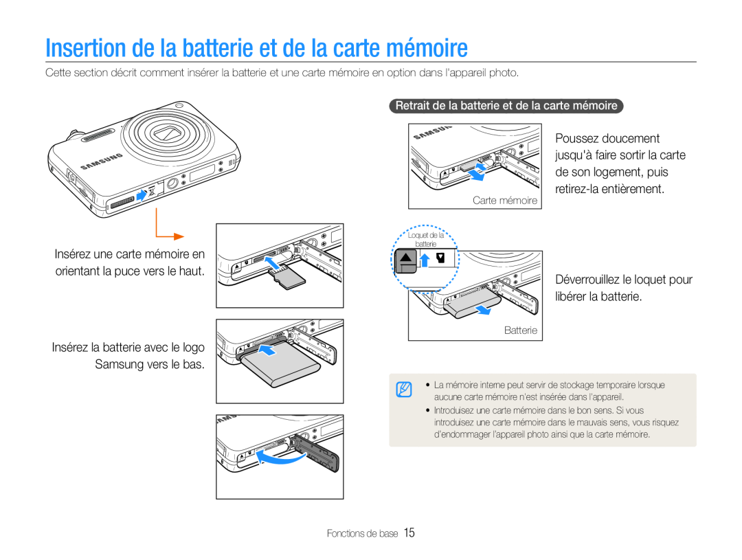 Samsung EC-ST65ZZBPUE1 Insertion de la batterie et de la carte mémoire, Déverrouillez le loquet pour libérer la batterie 