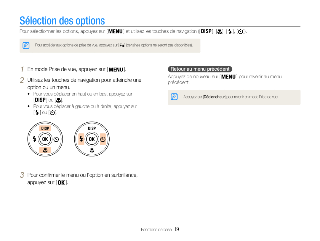 Samsung EC-ST65ZZDPRZA manual Sélection des options, option ou un menu, Pour confirmer le menu ou loption en surbrillance 