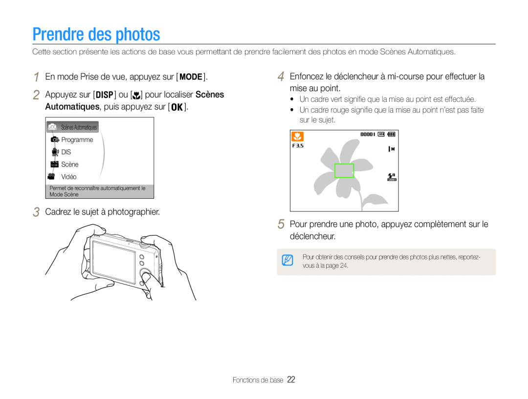 Samsung EC-ST67ZZBPUE1 manual Prendre des photos, ou pour localiser Scènes, Cadrez le sujet à photographier, Appuyez sur 