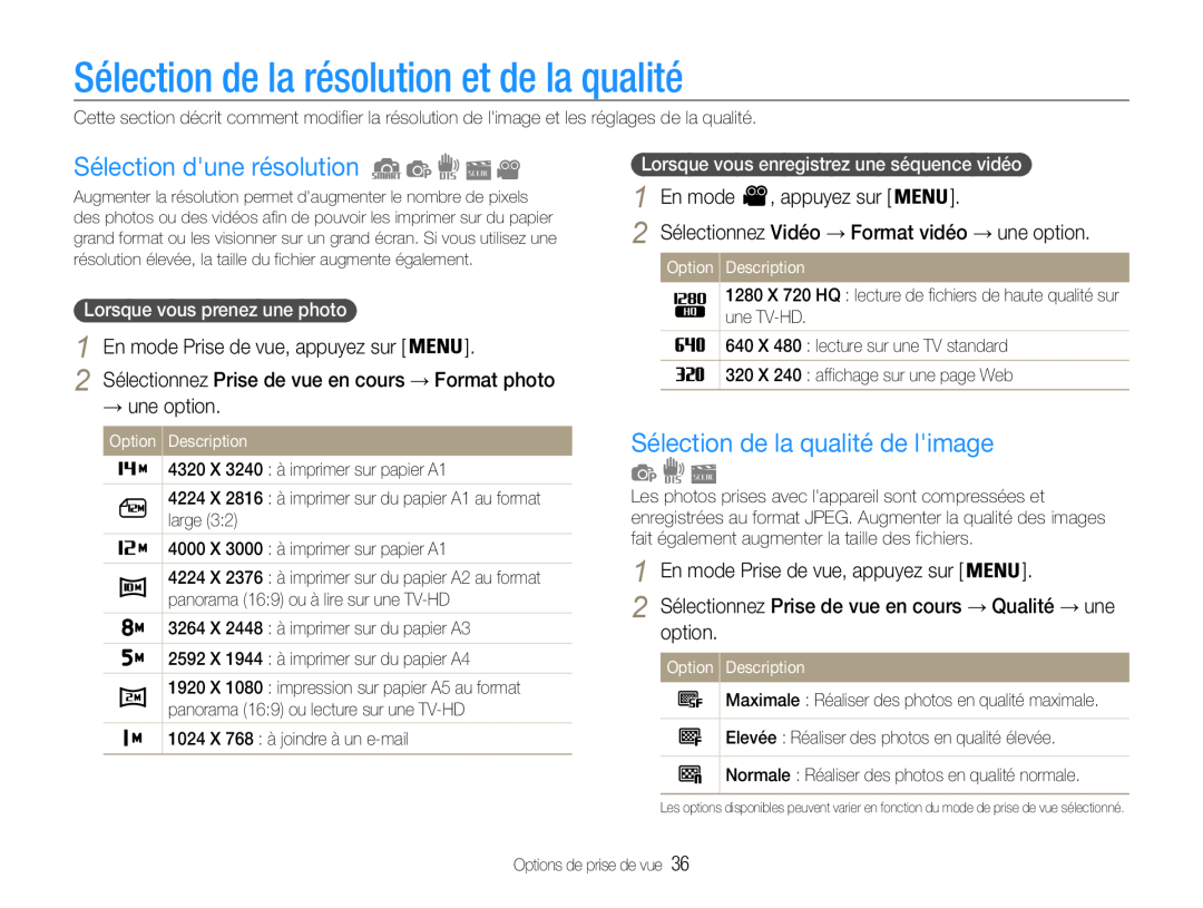 Samsung EC-ST65ZZDPSZA manual Sélection de la résolution et de la qualité, Sélection dune résolution, → une option 
