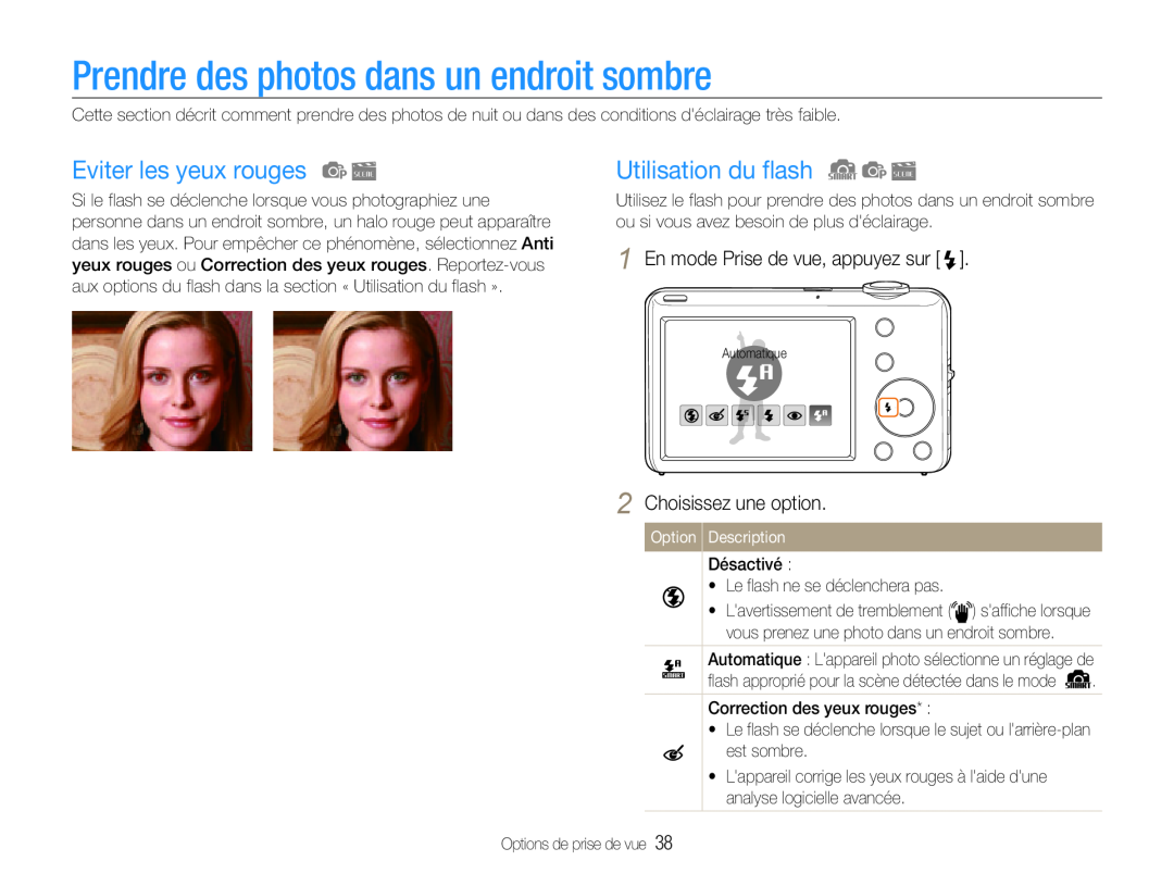 Samsung EC-ST65ZZBPEE1 manual Prendre des photos dans un endroit sombre, Eviter les yeux rouges, Utilisation du flash 
