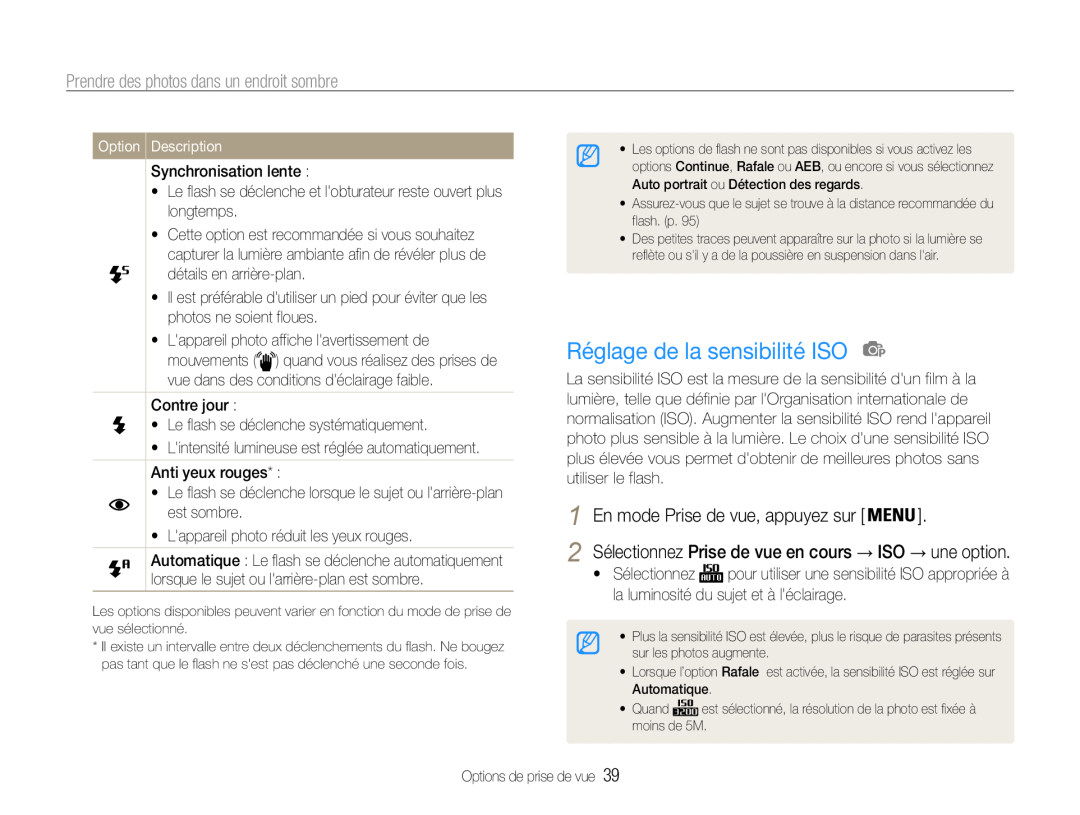Samsung EC-ST65ZZBPRE1 manual Réglage de la sensibilité ISO, Prendre des photos dans un endroit sombre, Option Description 