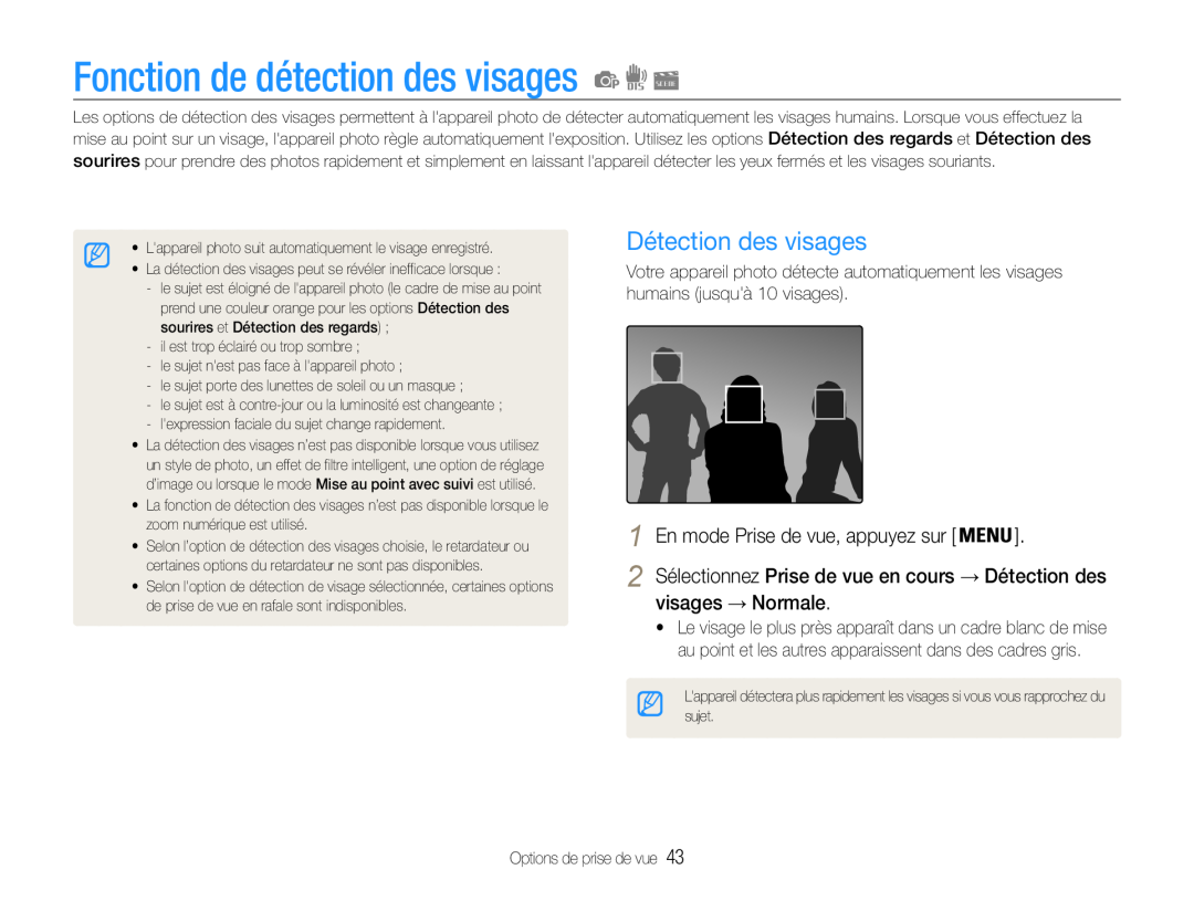 Samsung EC-ST65ZZDPBZA, EC-ST67ZZBPUE1 manual Fonction de détection des visages, Détection des visages, visages → Normale 