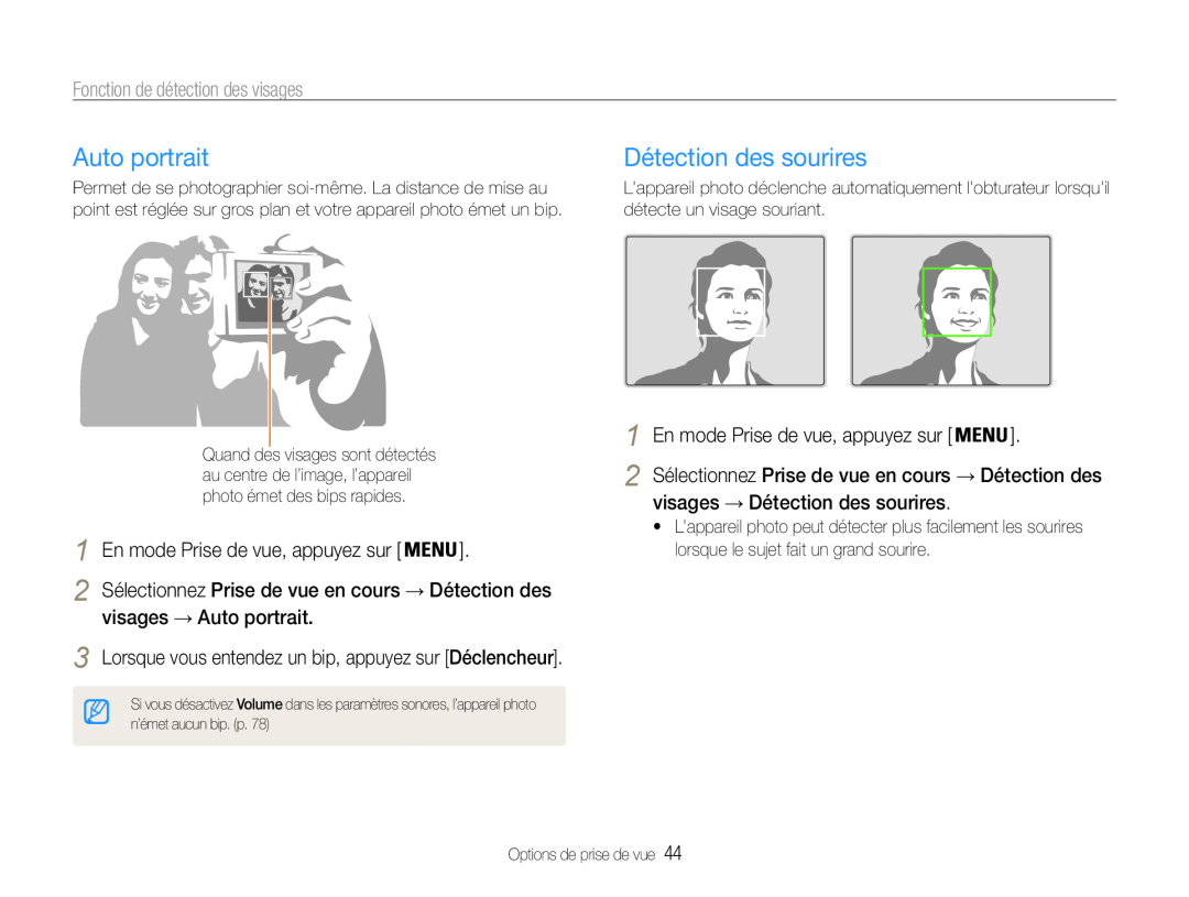 Samsung EC-ST67ZZBPUE1 manual Détection des sourires, Fonction de détection des visages, visages → Auto portrait 