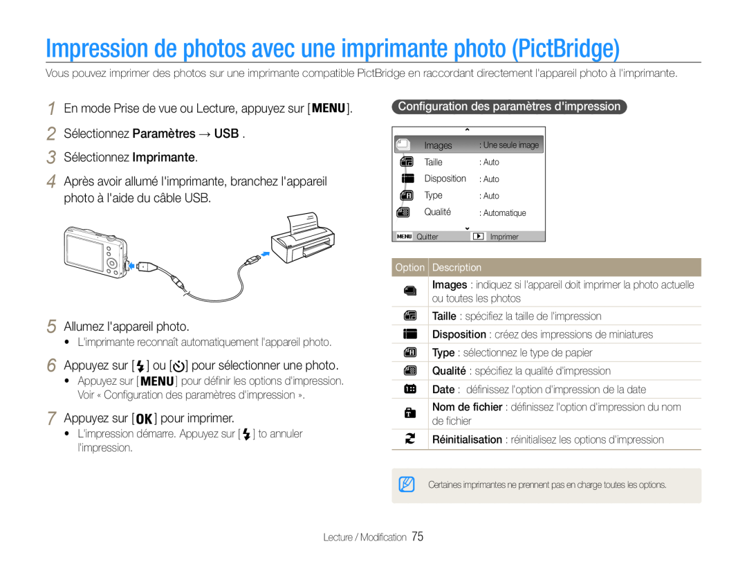 Samsung EC-ST65ZZBPBE1 Impression de photos avec une imprimante photo PictBridge, 3 Sélectionnez Imprimante, pour imprimer 