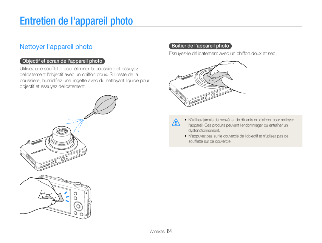 Samsung EC-ST67ZZBPBE1 manual Entretien de lappareil photo, Nettoyer lappareil photo, Objectif et écran de lappareil photo 